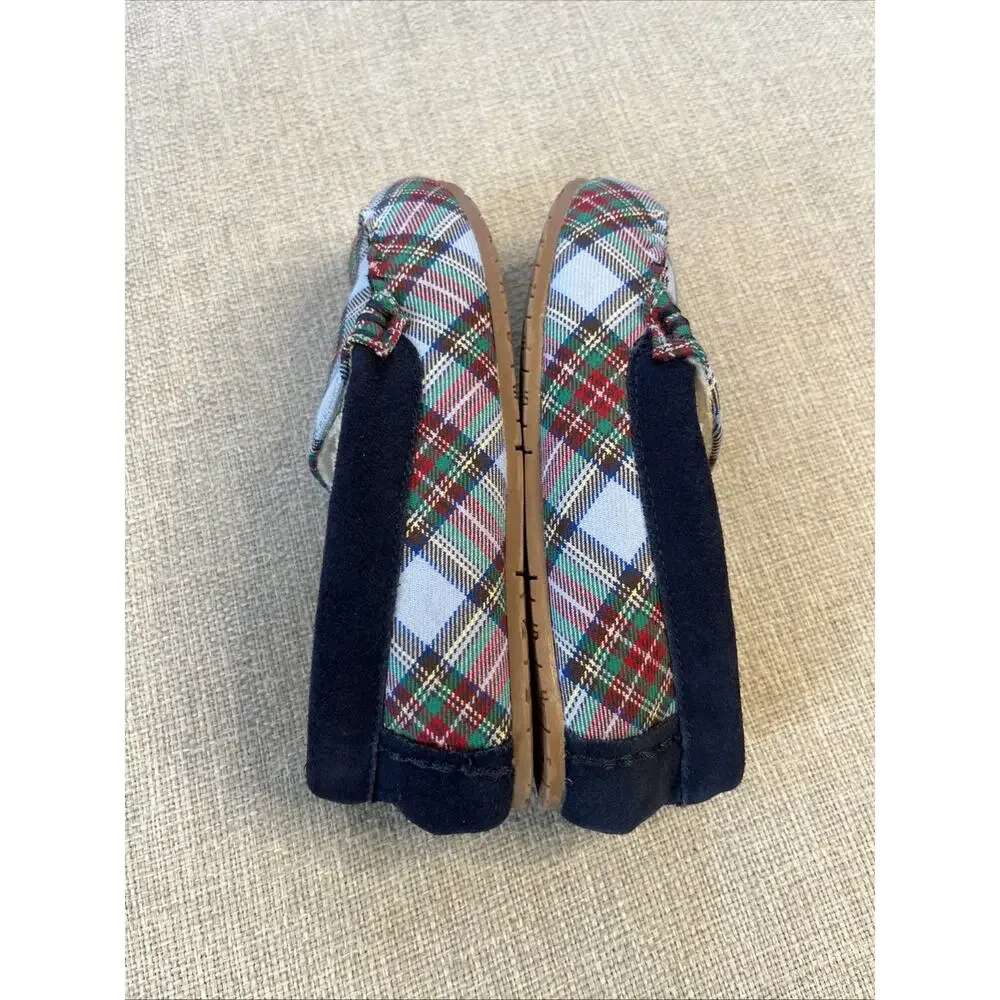 Lands' End Size 1 Childs Suede Slippers Moccasin Navy Blue Faux Fur Monogram “N”